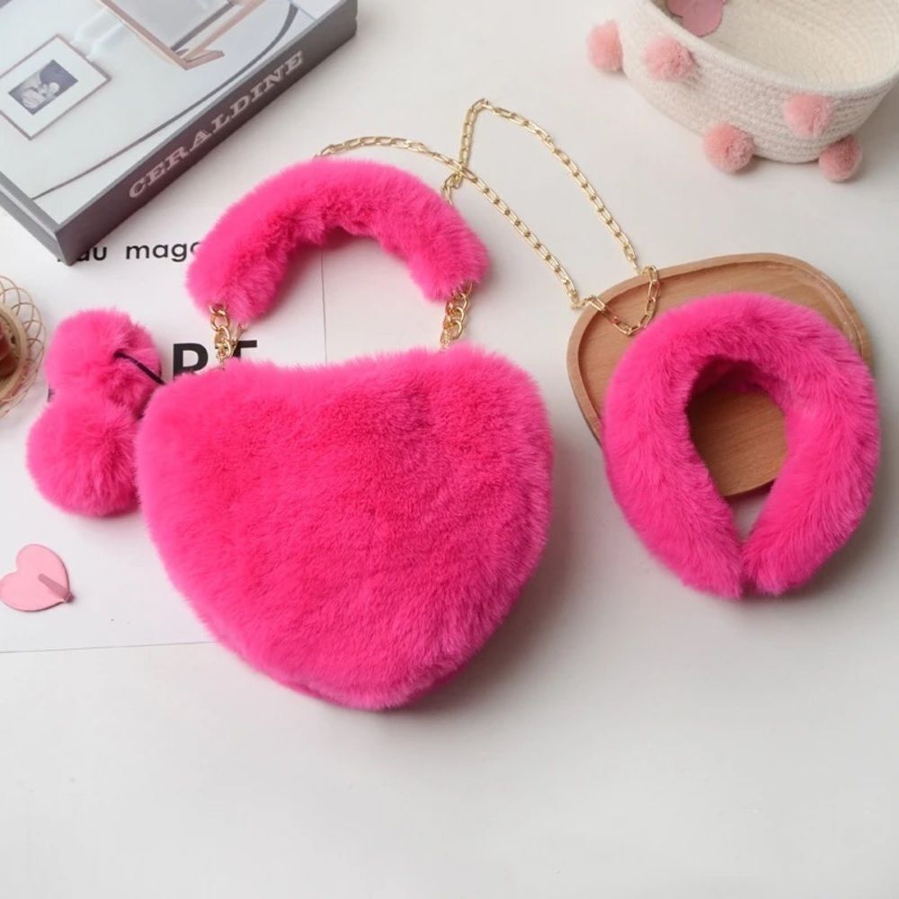 Chic Pink Faux Fur Women's Heart-Shaped Bag & Headband Set